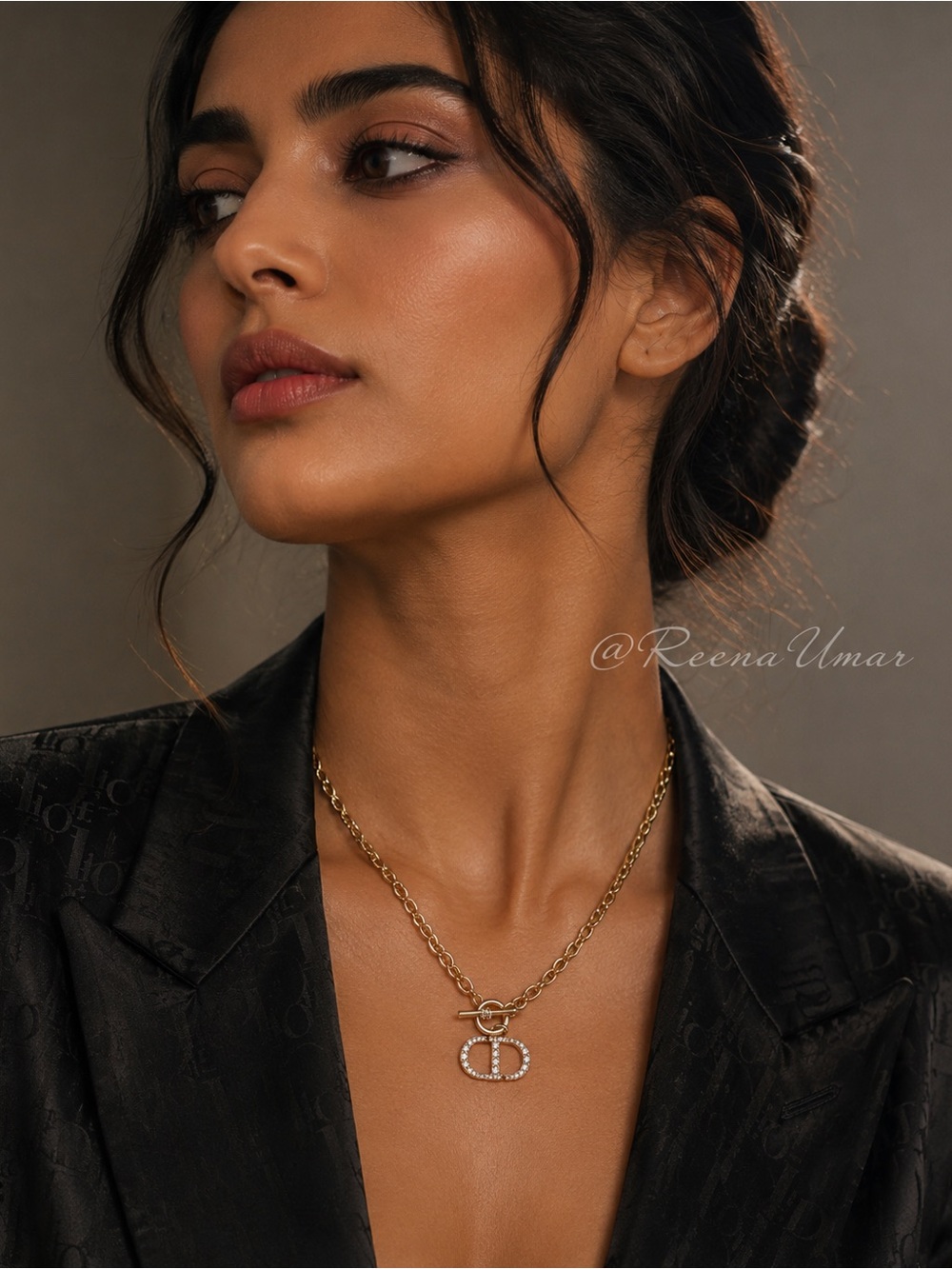 Gold Crystal Toggle Logo Pendant Necklace - Women Jewelry